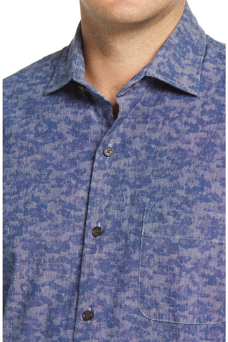 Fir Camo Cotton Chambray Long Sleeve Button-Up Shirt, Alternate, color, INDIGO
