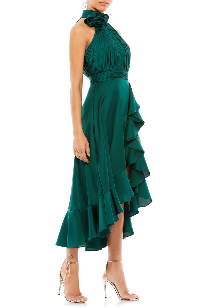 Halter Neck Flower Detail Ruffled Midi Dress, Alternate, color, EMERALD