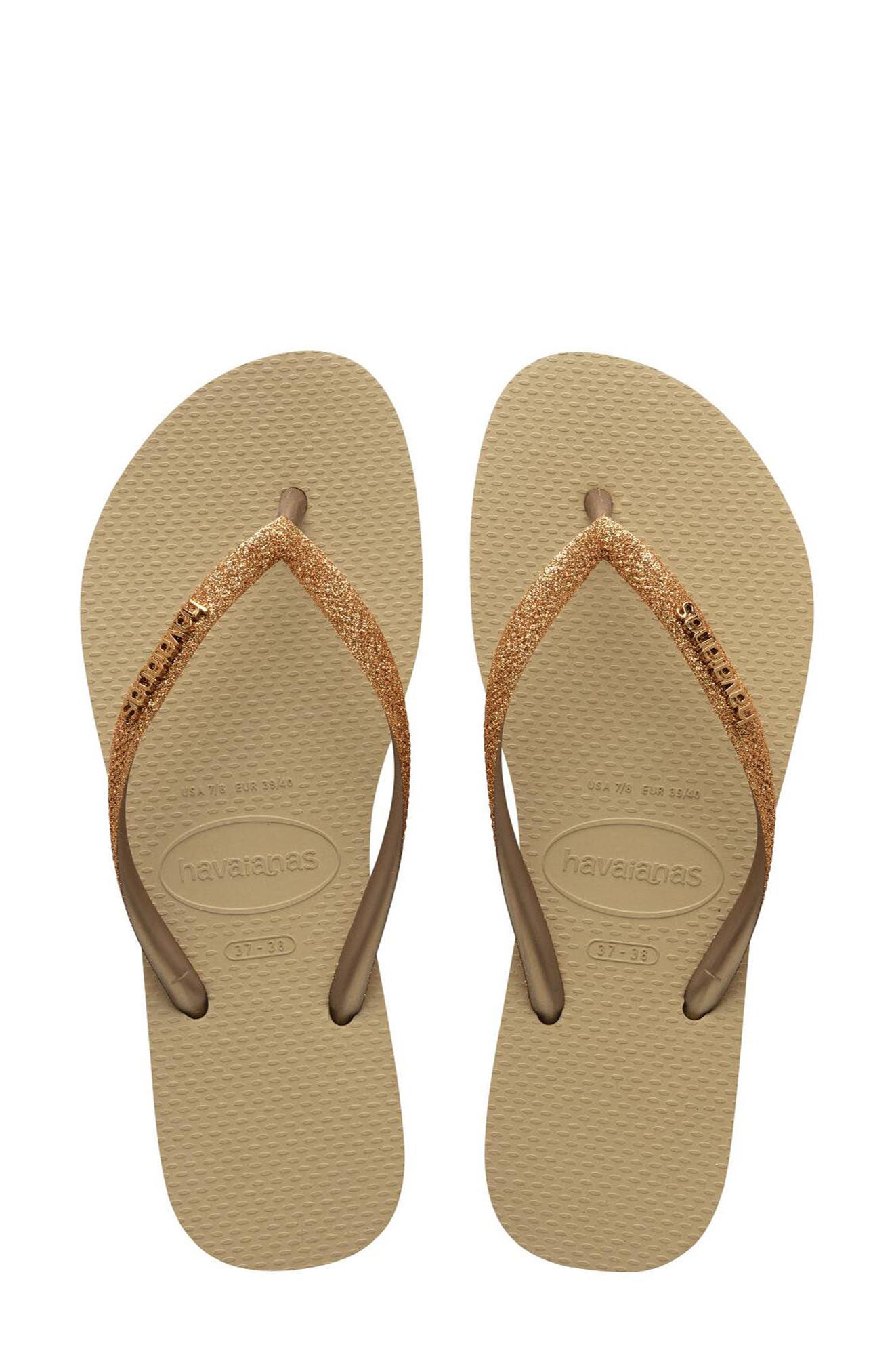 Havaianas Slim Glitter II Flip Flop, Alternate, color, Sand Golden