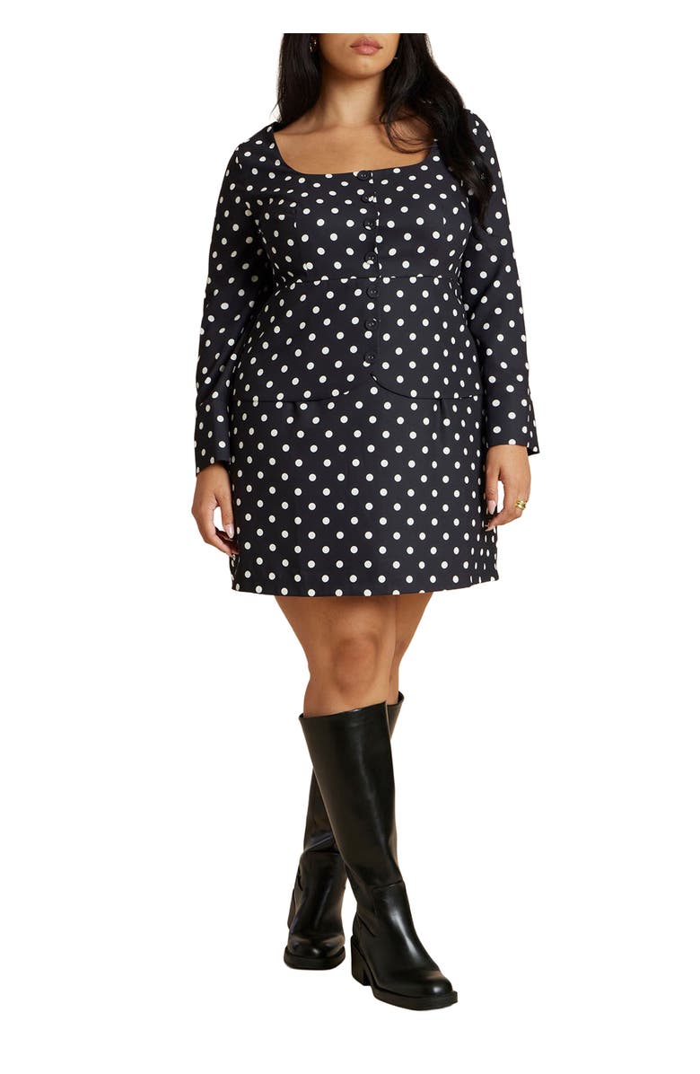 ELOQUII Square Neck Long Sleeve Printed Mini Dress, Main, color, Black Tube Dot