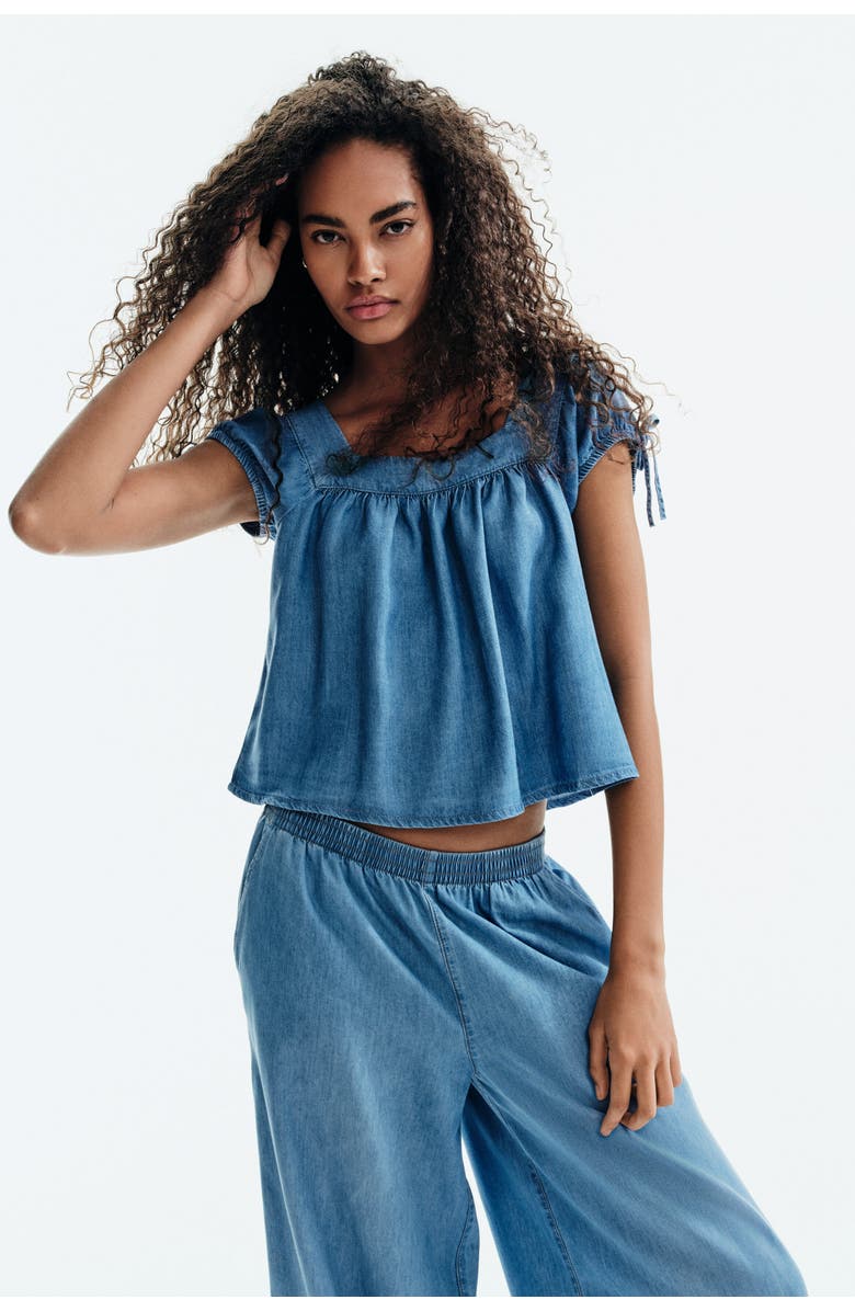 H&M Puff-sleeved Denim Blouse, Alternate, color, Denim Blue
