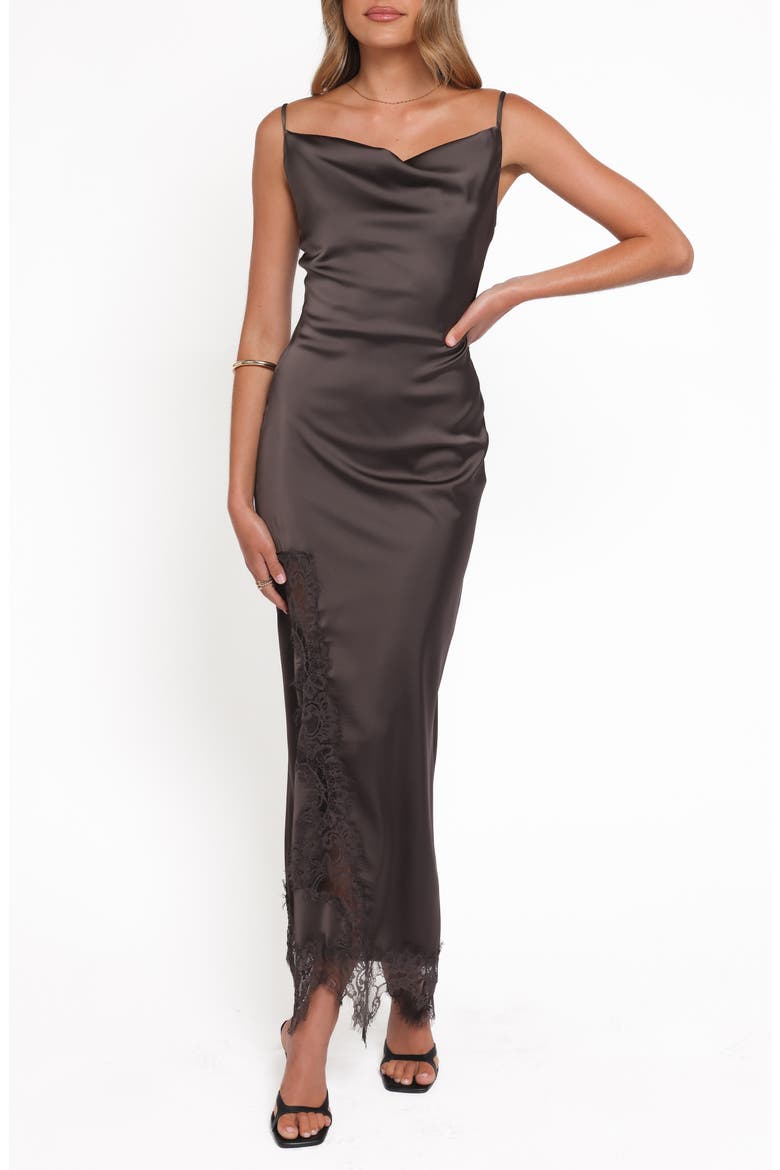 Jeneva Lace Trim Satin Maxi Dress, Main, color, BROWN