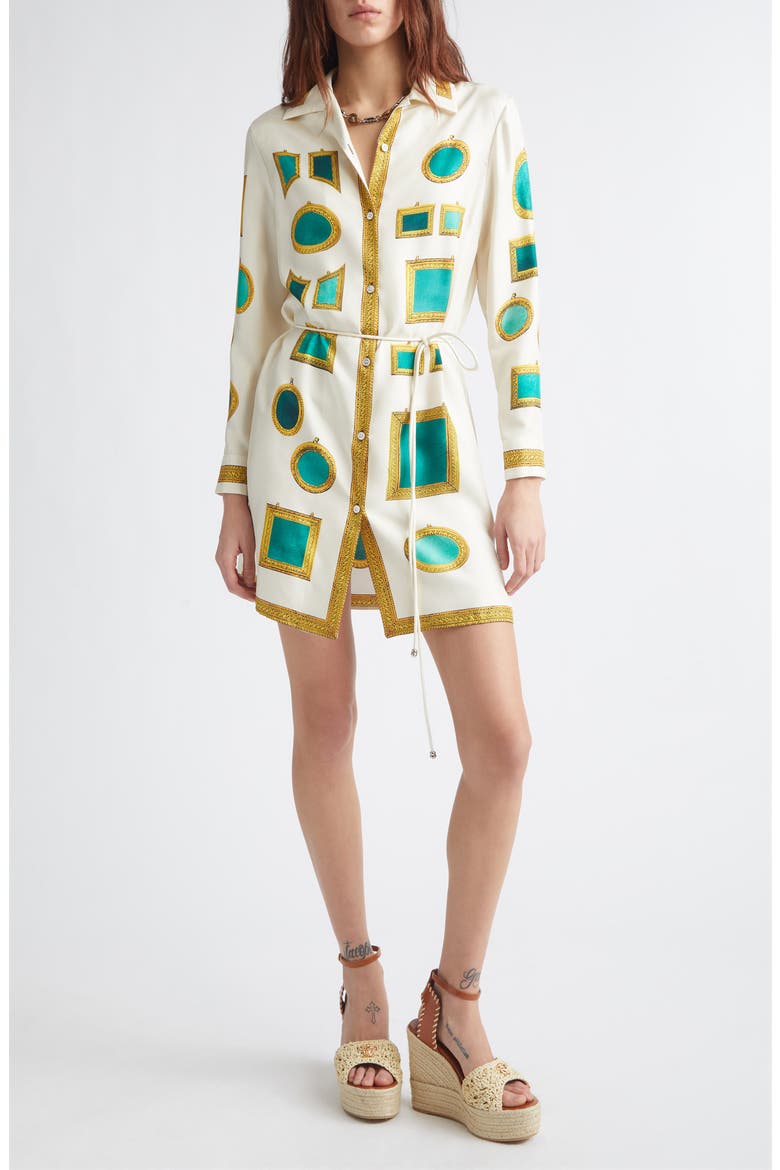Print Long Sleeve Silk Twill Shirtdress, Main, color, IVORY EMERALD