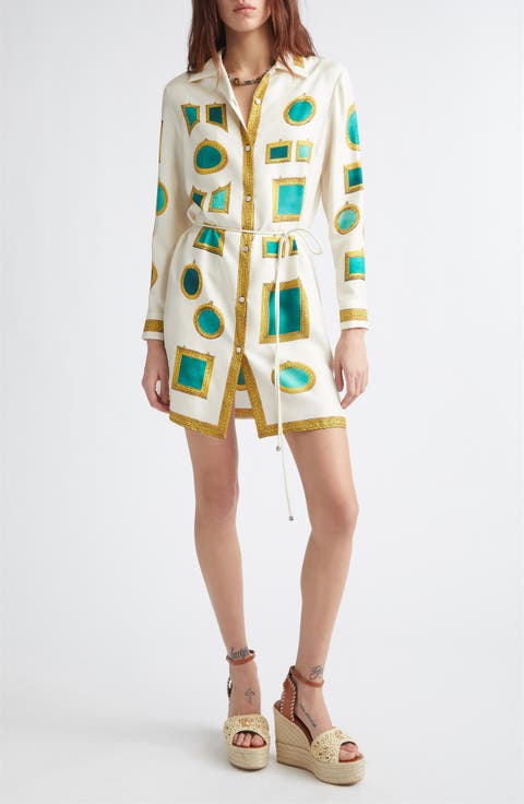 Print Long Sleeve Silk Twill Shirtdress