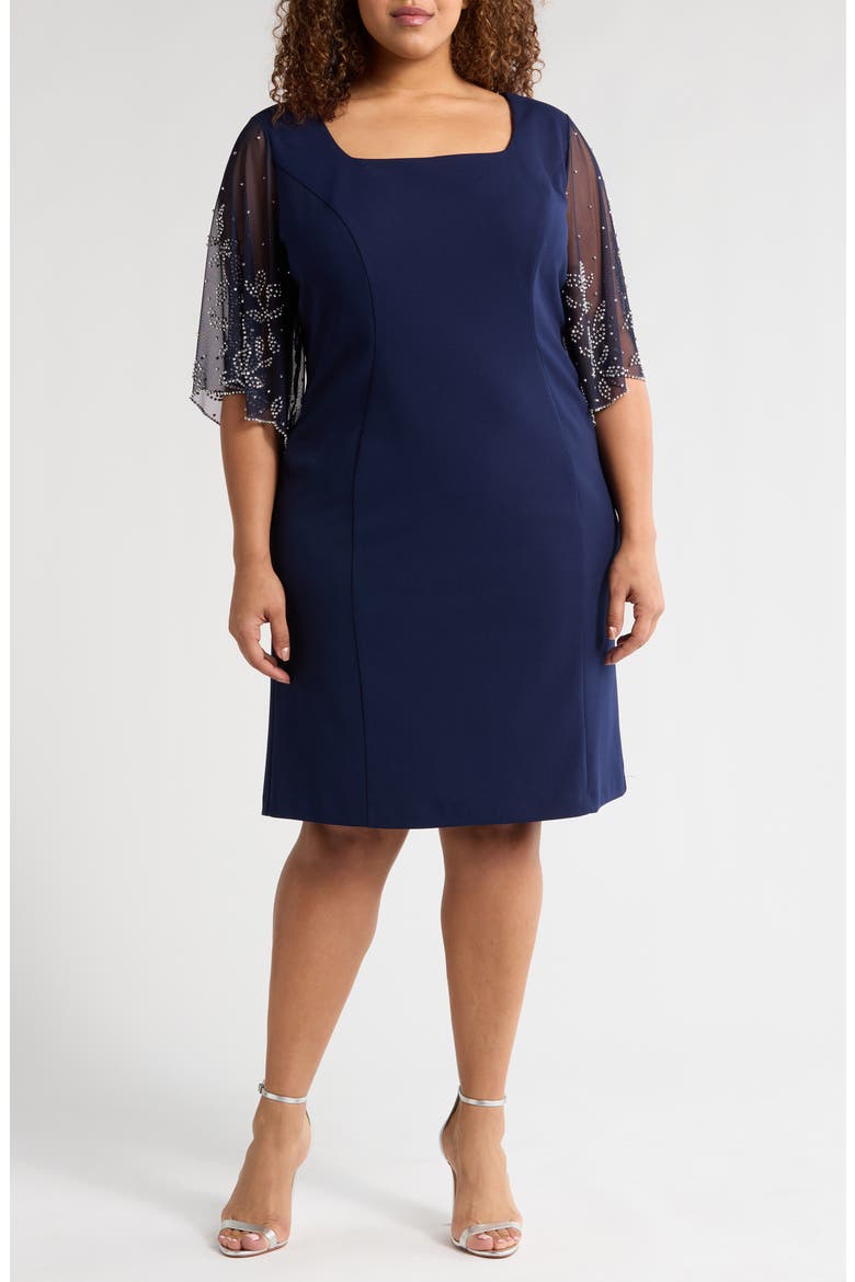 Beaded Sleeve Stretch Crepe Cocktail Sheath Dress, Main, color, NAVY