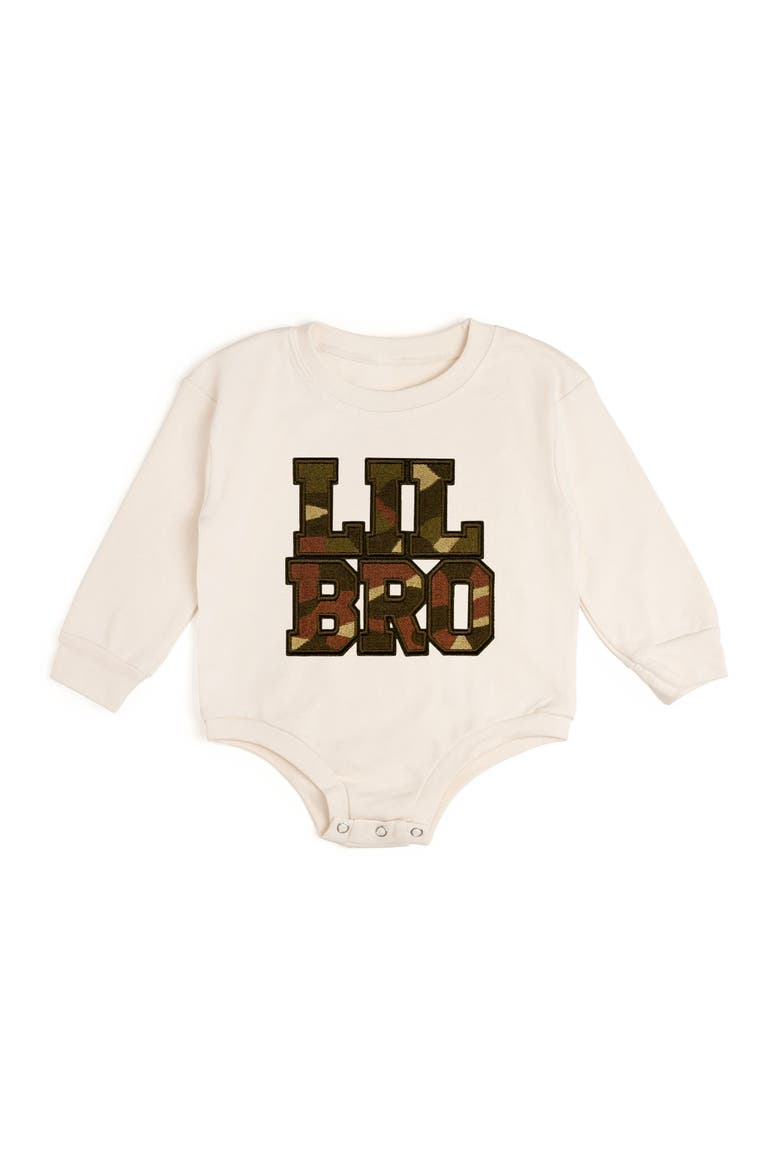 Lil Bro Camo Patch Long Sleeve Romper, Main, color, Natural