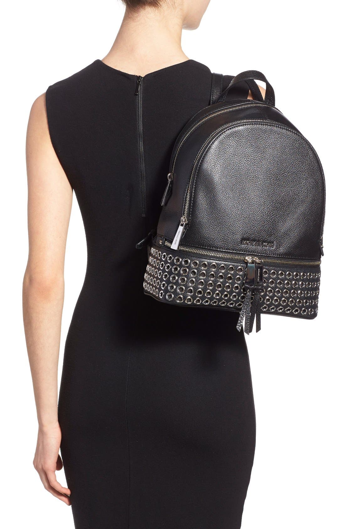 'Rhea - Zip Grommet' Leather Backpack, Alternate, color, BLACK/ SILVER