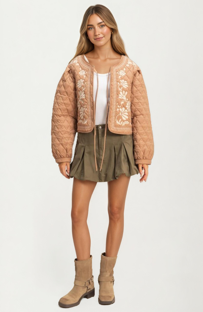 Knit and Lounge Quilted Floral Embroidered Tie Front Jacket, Alternate, color, Tan