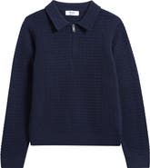 Reiss Kids' Hamilton Textured Long Sleeve Wool Quarter Zip Polo