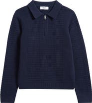 Reiss Kids' Hamilton Textured Long Sleeve Wool Quarter Zip Polo