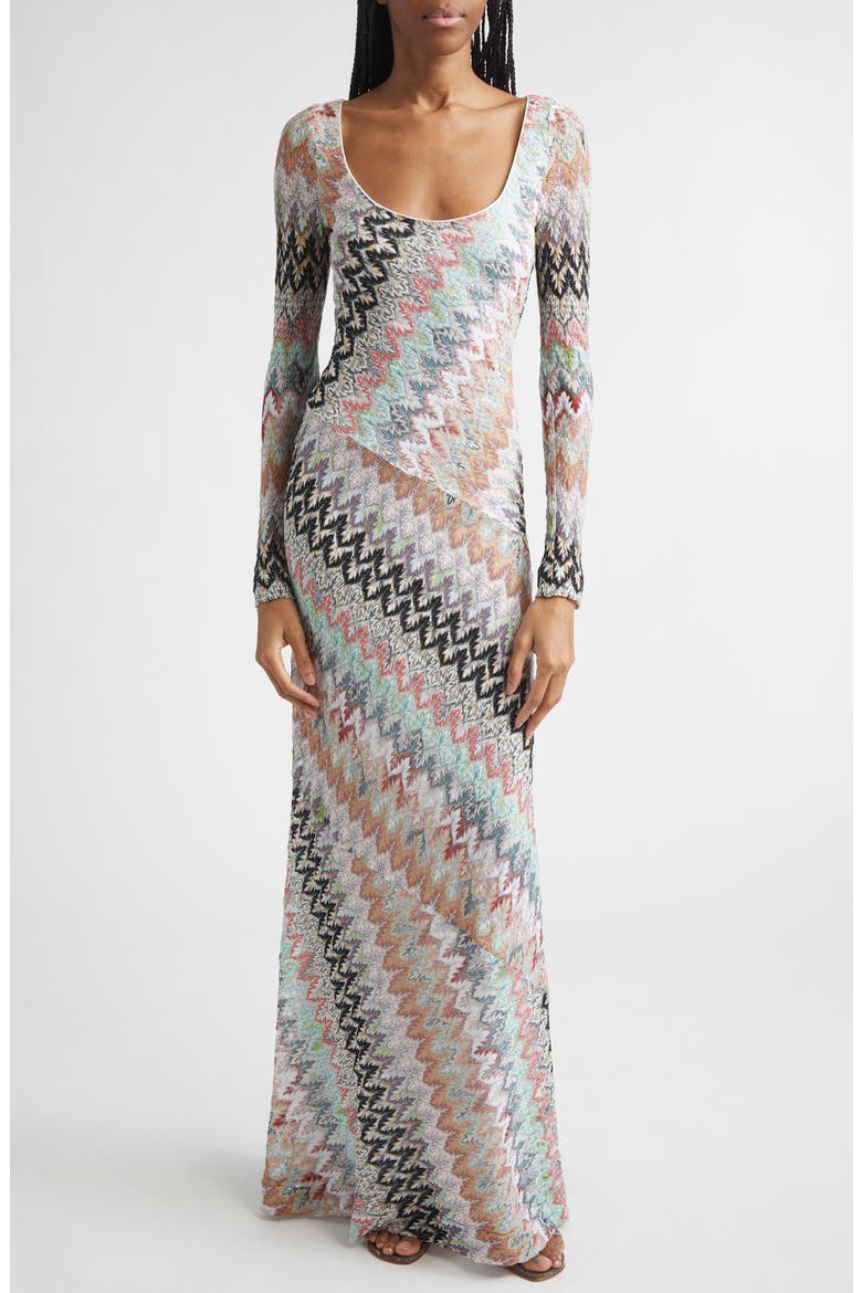 Metallic Zigzag Long Sleeve Raschel Knit Dress, Main, color, WHT PNK LT BLE TONES
