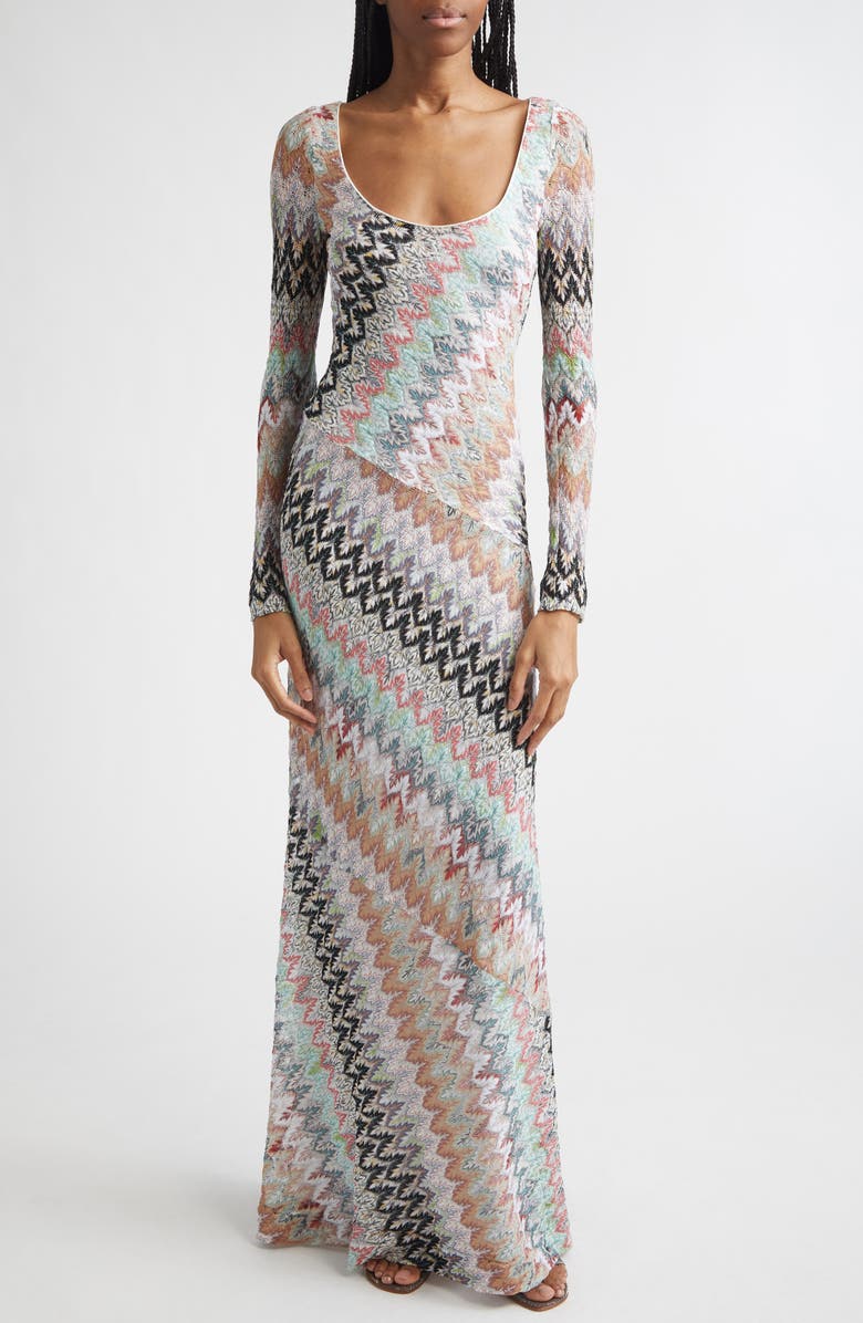 Missoni Metallic Zigzag Long Sleeve Raschel Knit Dress, Main, color, Wht Pnk Lt Ble Tones