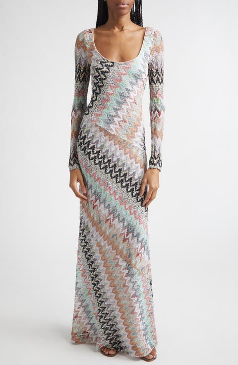 Metallic Zigzag Long Sleeve Raschel Knit Dress