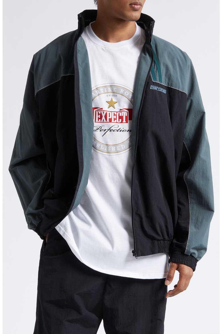 Paneled Nylon Track Jacket with Graphic T-Shirt Lining, Main, color, BLACK TEAL