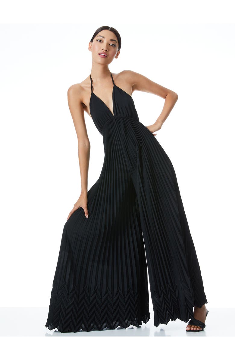 Alice + Olivia Adalyn Halter Pleated Jumpsuit, Alternate, color, Black