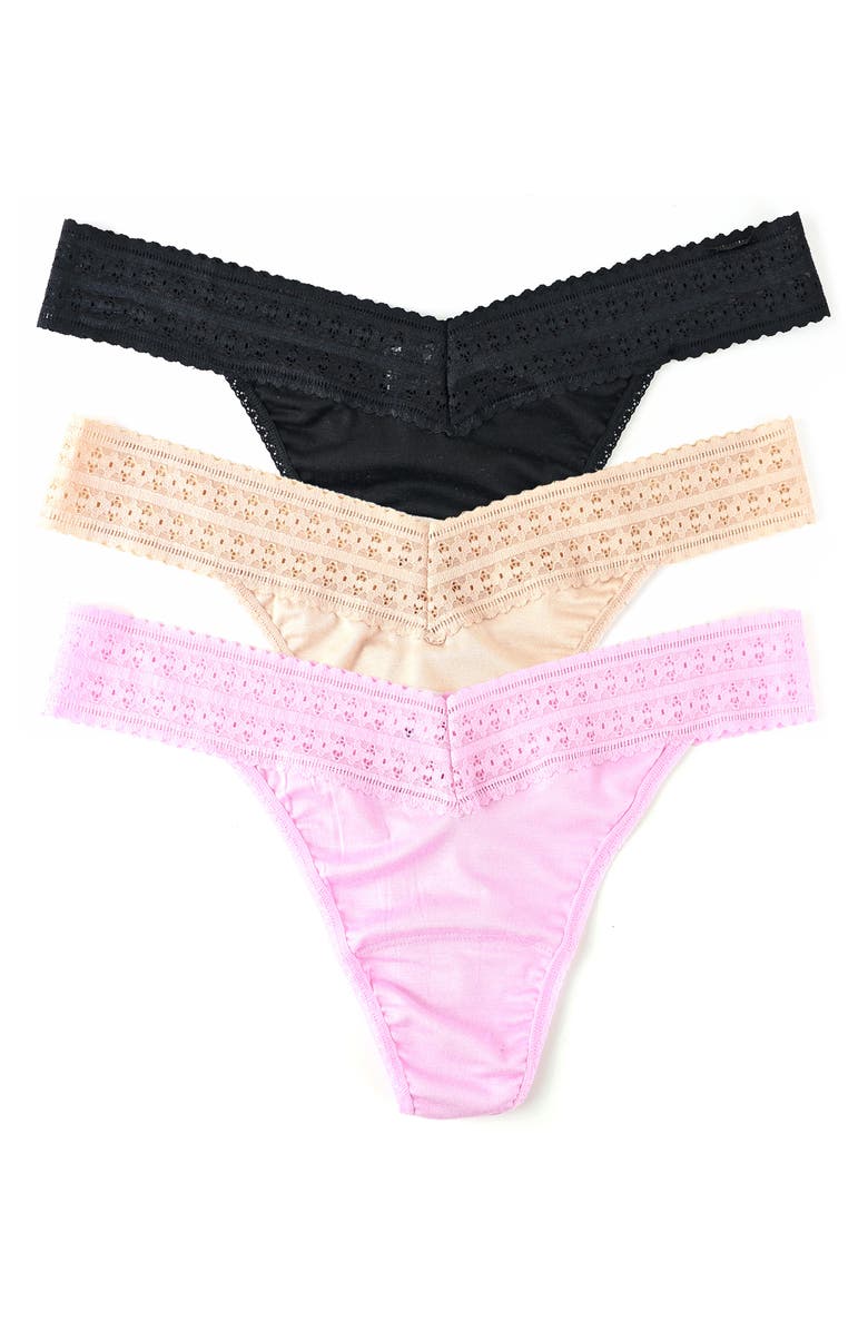 Hanky Panky DreamEase<sup
™</sup
 Assorted 3-Pack Original Rise Thongs, Main, color, Pink/ Black/ Beige