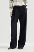 Brunello Cucinelli Virgin wool crêpe chevron tailored barrel trousers with monili