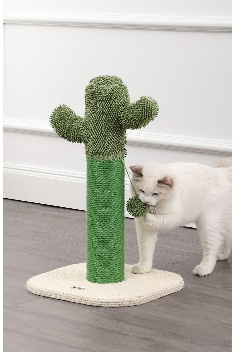 Pecos 21" Modern Jute Cactus Cat Scratching Post with Fuzzy Toy, Alternate, color, Green