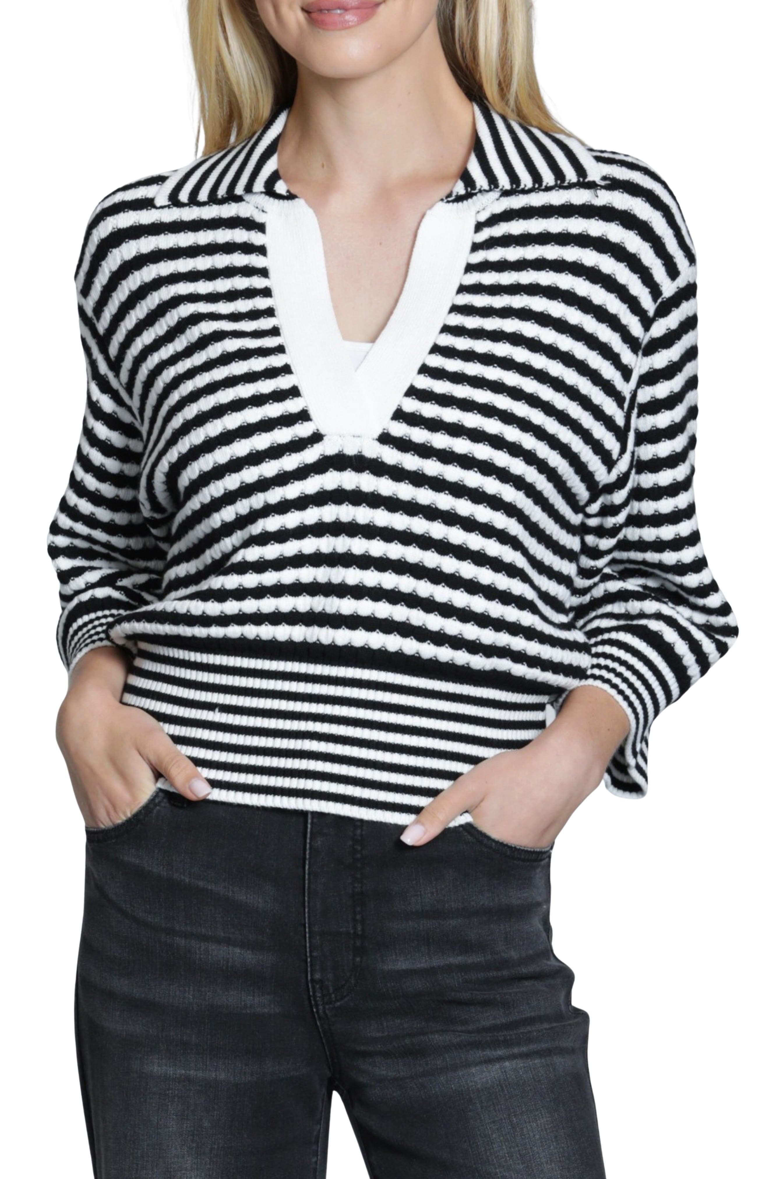 Apny Stripe Three-quarter Sleeve Sweater In Black