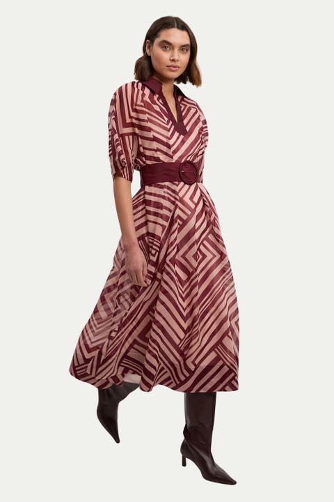 Printed 3/4 Sleeve Plunge Midi Dress