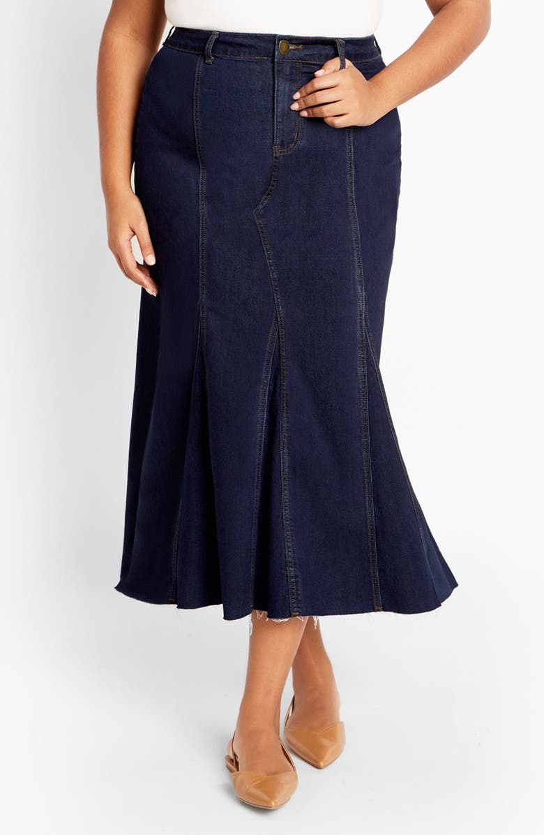 City Chic Laylo Denim Midi Skirt, Main, color, Dark Wash