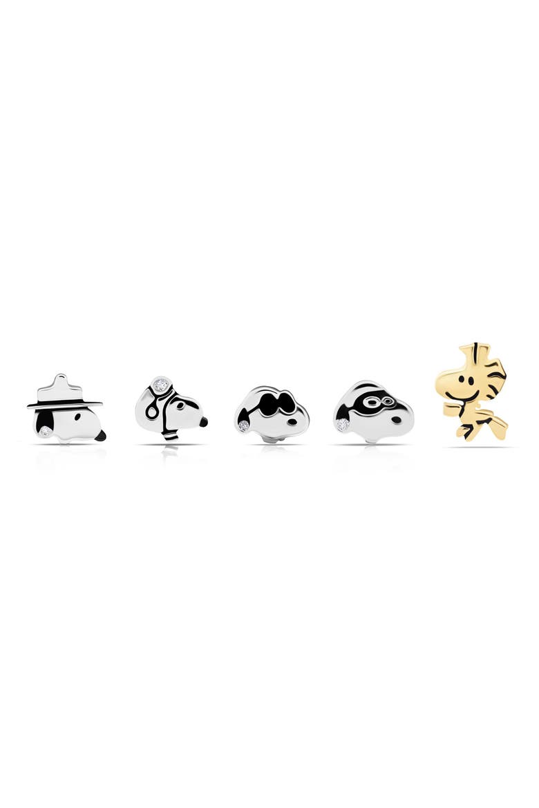 x Peanuts® Snoopy & the Gang Set of 5 Assorted Single Stud Earrings, Main, color, PURE PLATINUM / CLEAR STONE
