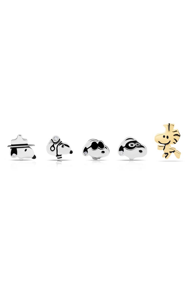 Crislu x Peanuts<sup>®</sup> Snoopy & the Gang Set of 5 Assorted Single Stud Earrings, Main, color, Pure Platinum / Clear Stone