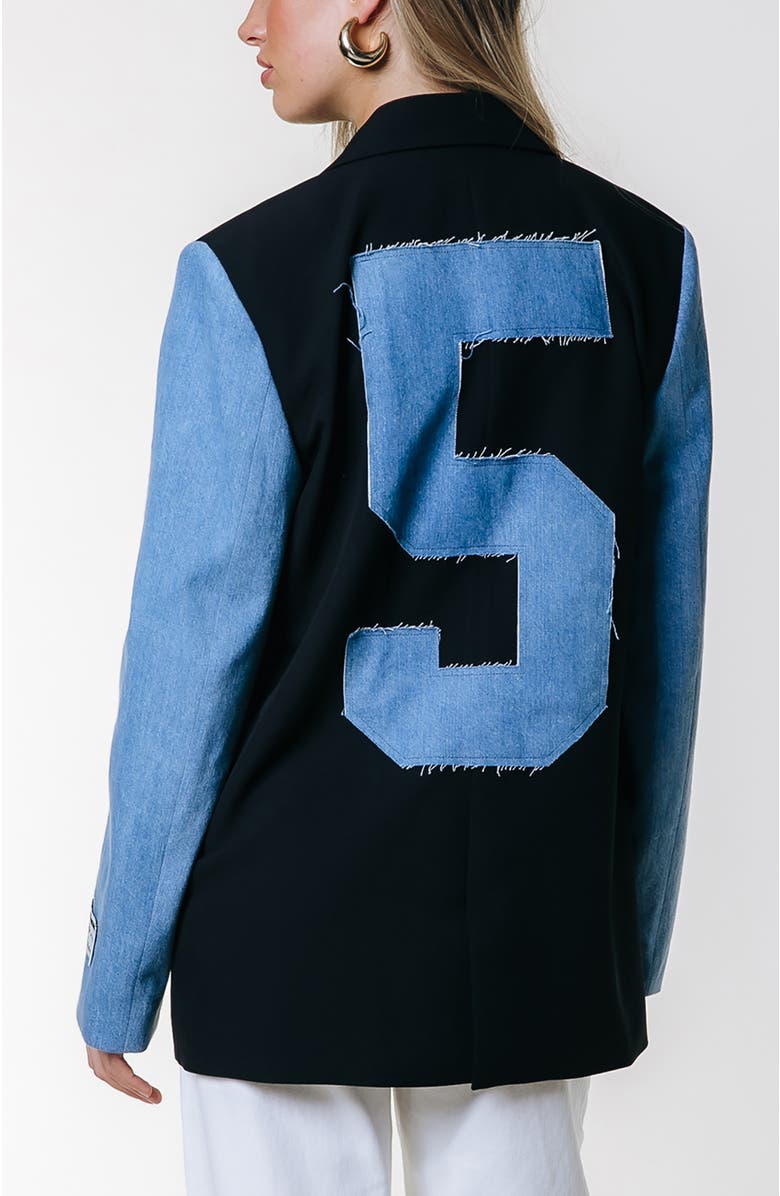 Colourful Rebel Mimmi Denim Contrast Sleeve Single Breasted Blazer, Alternate, color, Black