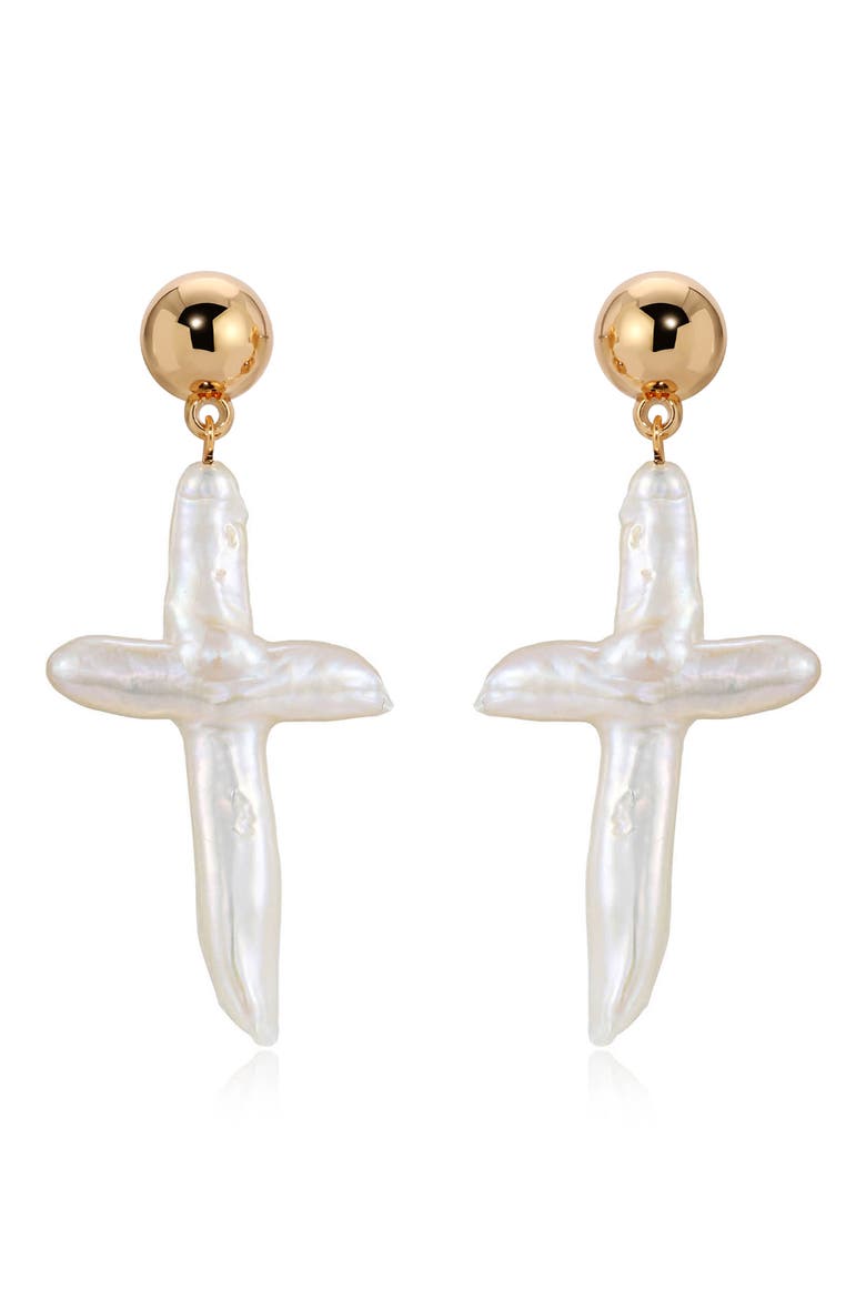 Freshwater Pearl Cross Drop Earrings, Main, color, GOLD