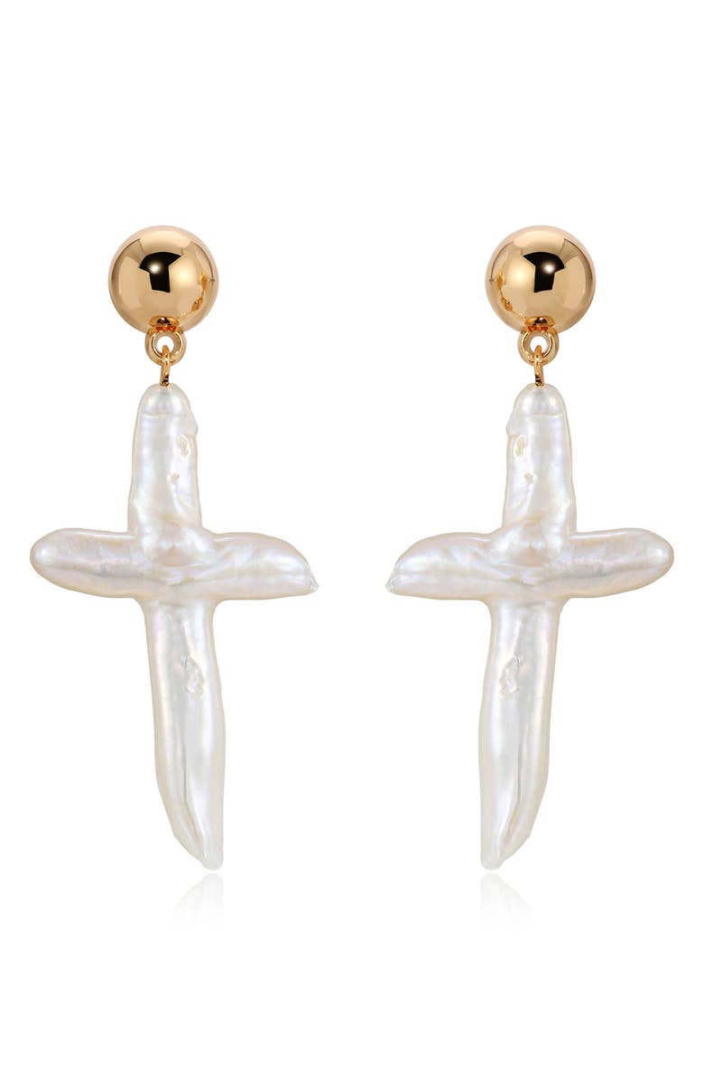Ettika Freshwater Pearl Cross Drop Earrings, Main, color, Gold