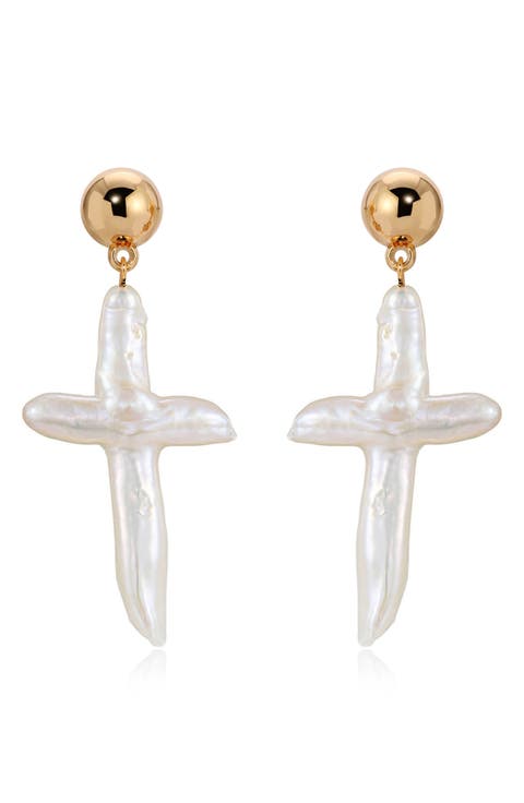 Freshwater Pearl Cross Drop Earrings