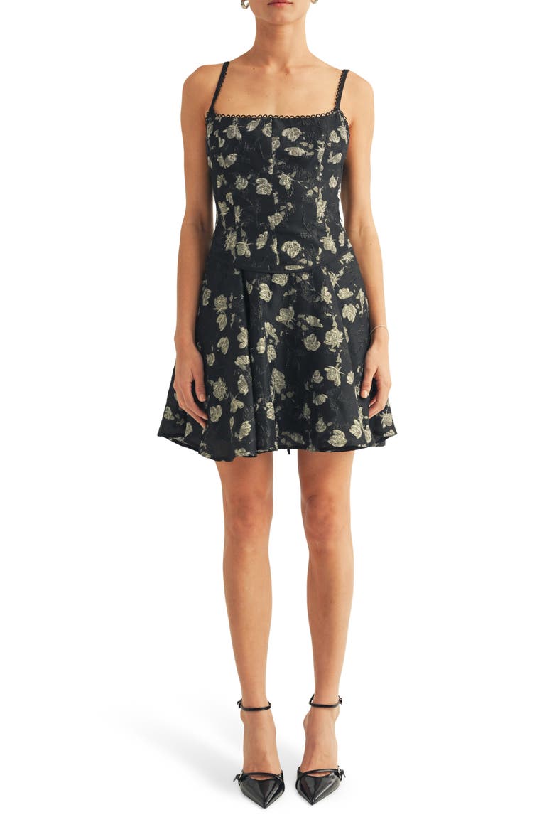 Belle Metallic Floral Jacquard Cocktail Minidress, Main, color, BLACK GOLD