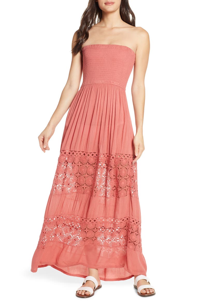Farrah Smocked Cover-Up Maxi Dress, Main, color, PINK CEDAR