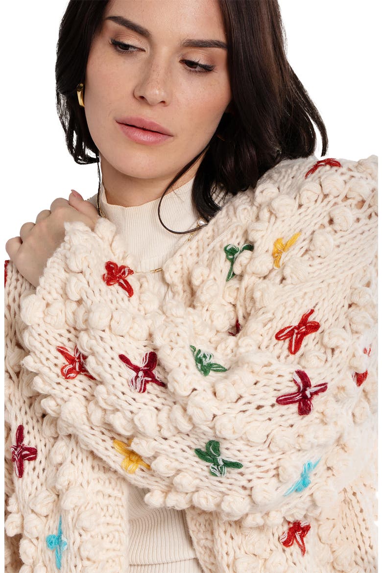 Cross Stitched Pompom Cardigan, Alternate, color, IVORY