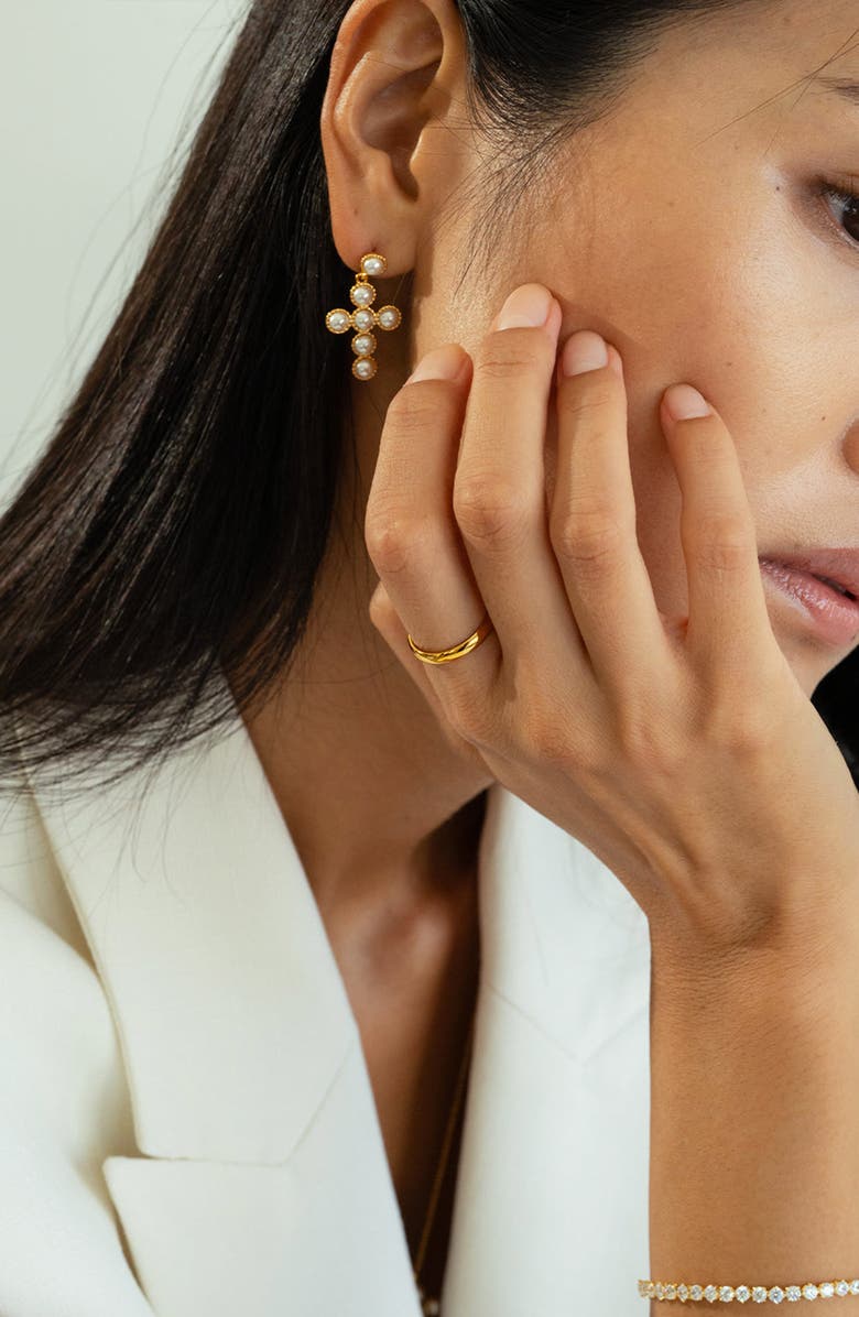 Bearfruit Jewelry Sterling Silver 18k Gold Plated Victoria Cross Pearl Earrings Holiday Gift Idea, Alternate, color, Gold