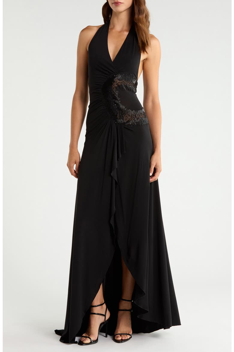 Natalina Beaded Cutout Halter Jersey Gown, Main, color, BLACK