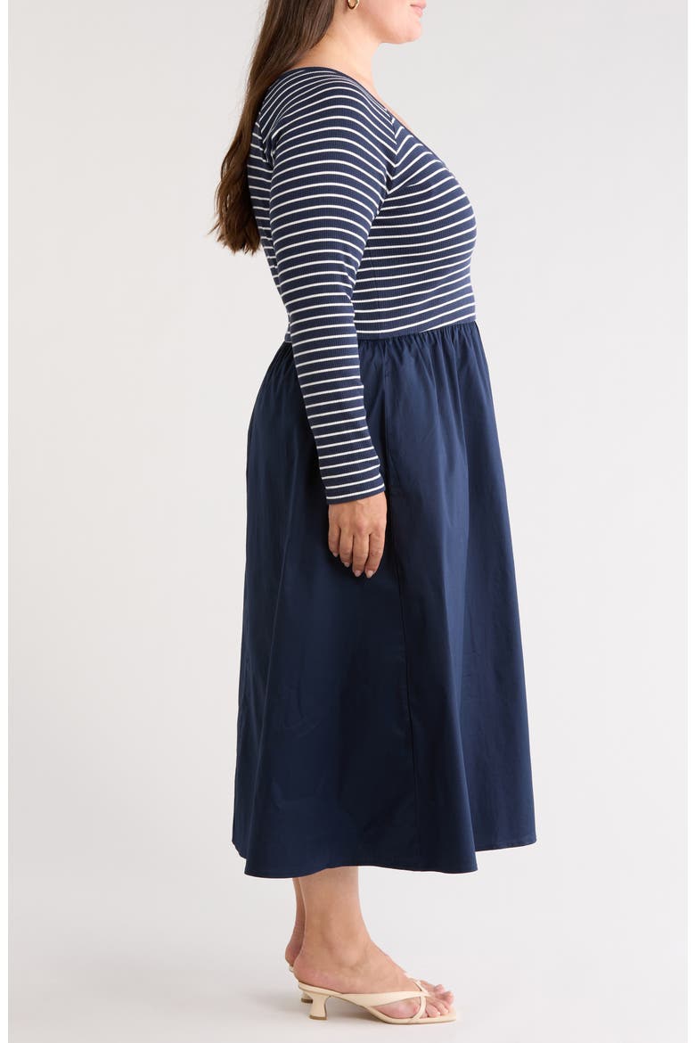 Mixed Media Midi Dress, Alternate, color, NAVY- IVORY ASHLEY STRIPE