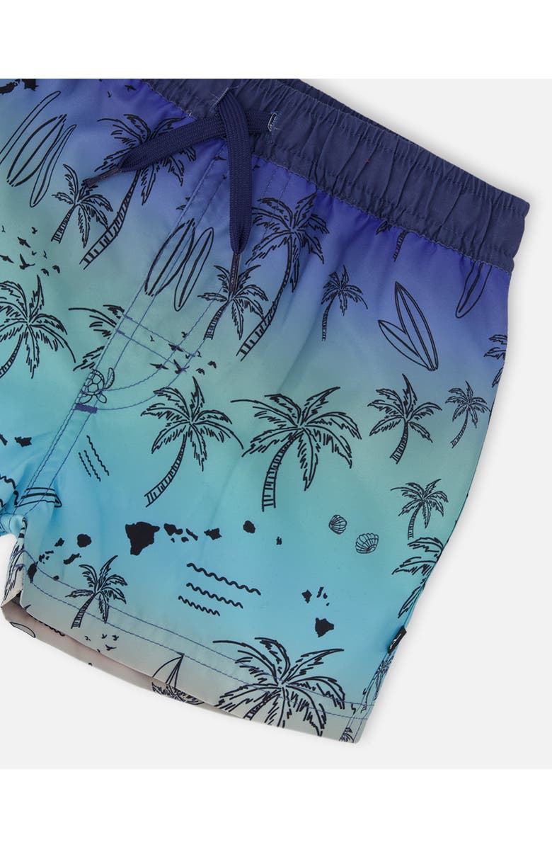 Deux par Deux Mid Thigh Elastic Waist Beach Boardshorts, Alternate, color, Blue Beach Print