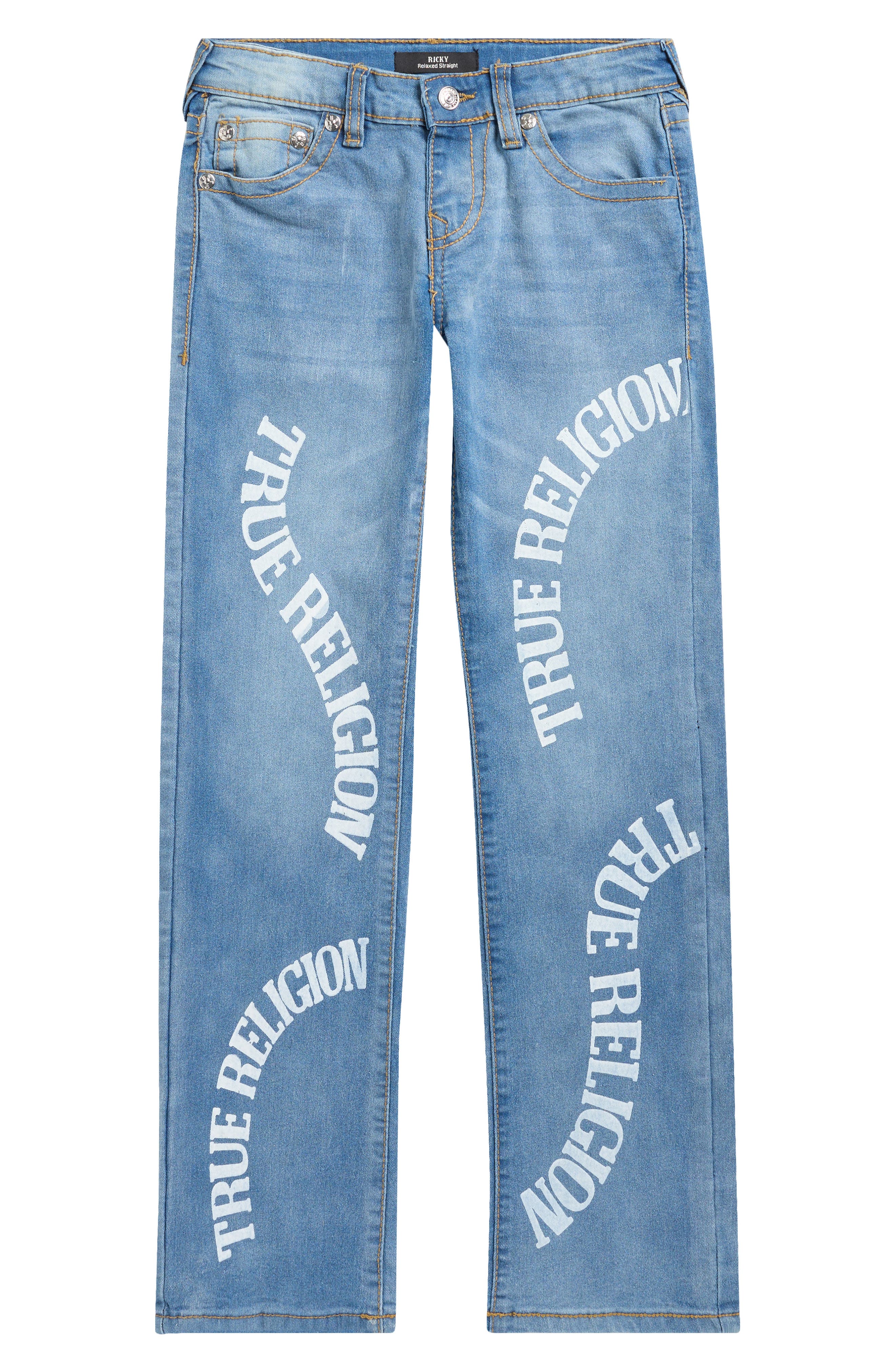 True Religion Kids' Ricky Repair Logo Straight Leg Jeans