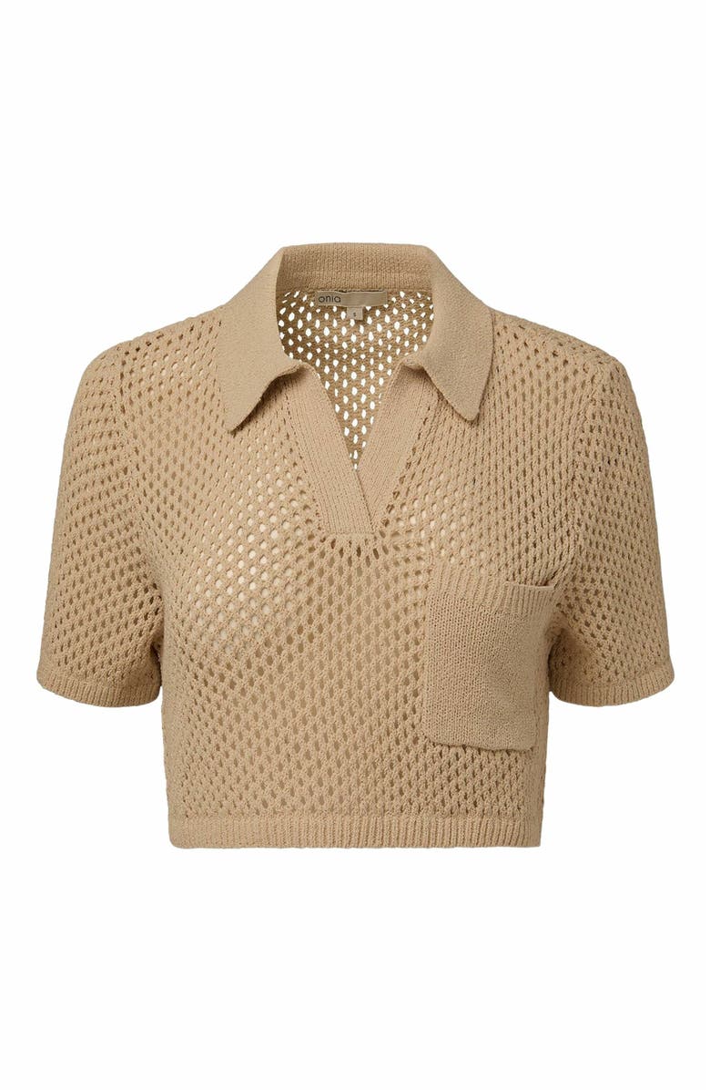 Onia Knit Crochet Cropped Short Sleeve Polo, Alternate, color, Sandshell