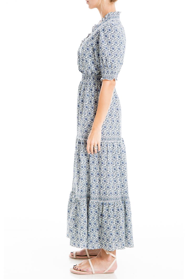 V-Neck Short Puff Sleeve Floral Print Tiered Dress, Alternate, color, COBALT WILDFLOWER OUTLINE