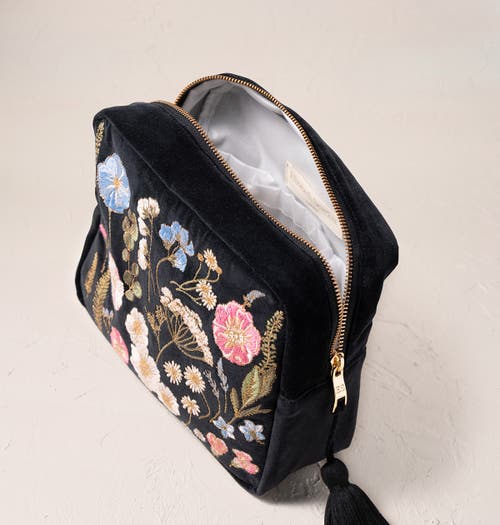 Elizabeth Scarlett Pressed Flowers Velvet Wash Bag In Black