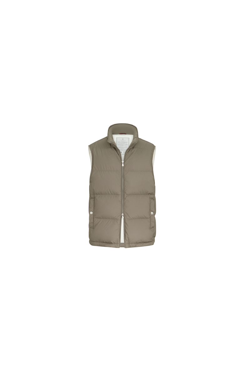 Brunello Cucinelli Lightweight techno fabric down vest with packable hood, Alternate, color, Military