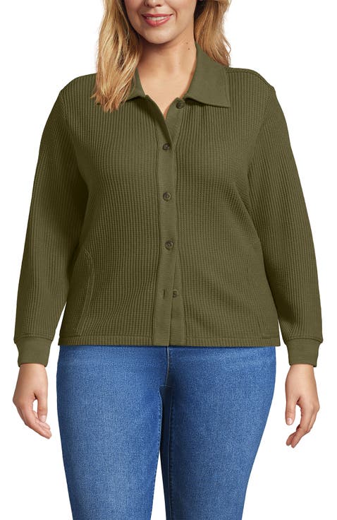 Plus Size Long Sleeve Waffle Collared Shacket