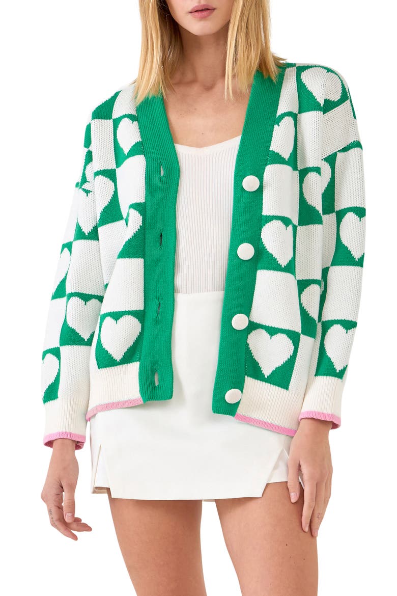 Heart Jacquard Cotton Cardigan, Main, color, WHITE/ GREEN