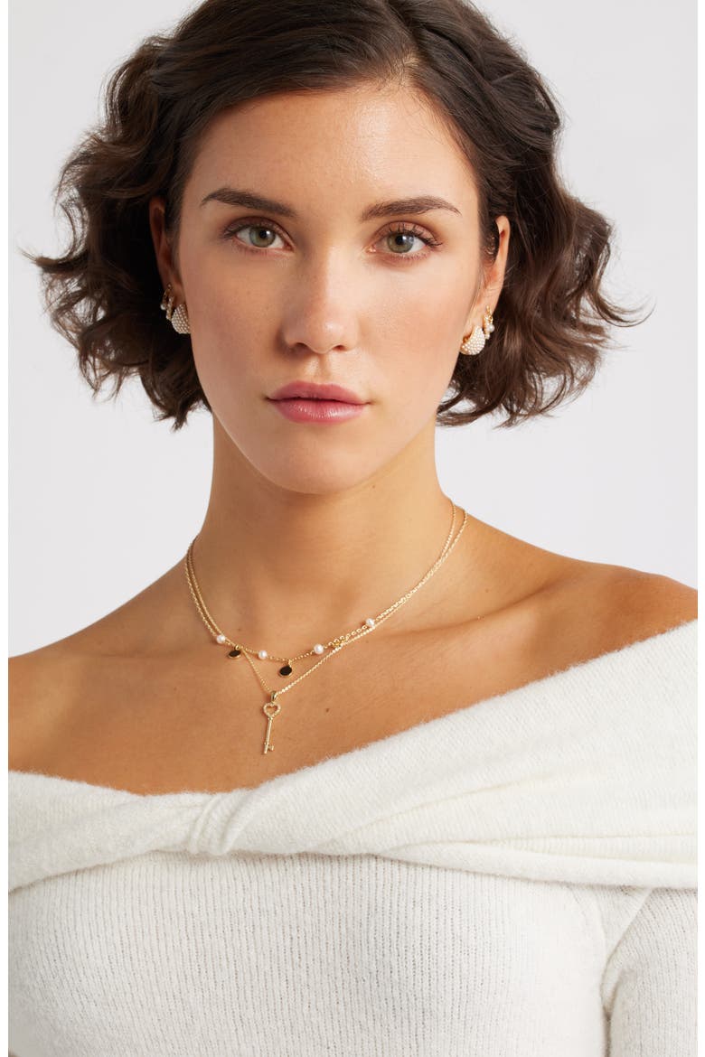 Set of Two Demi Fine Freshwater Pearl & Key Pendant Necklaces, Alternate, color, WHITE- CLEAR- GOLD