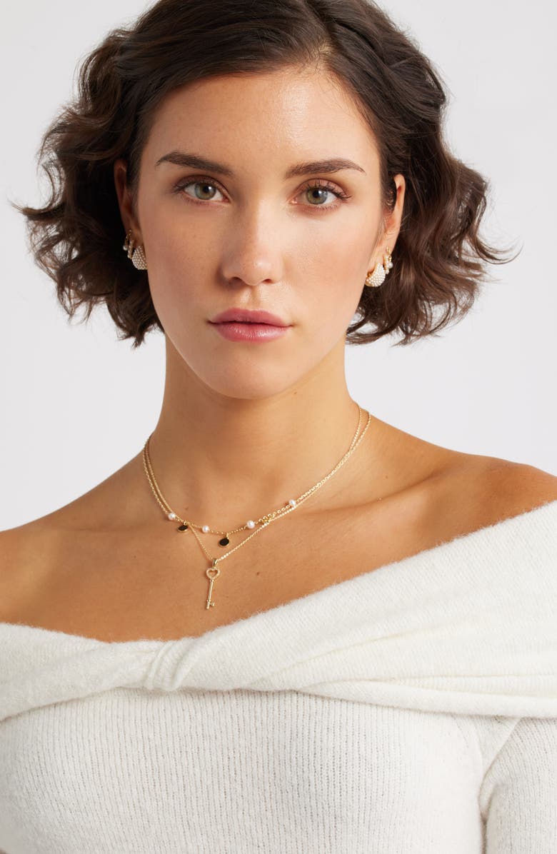 Chelsea28 Set of Two Demi Fine Freshwater Pearl & Key Pendant Necklaces, Alternate, color, White- Clear- Gold