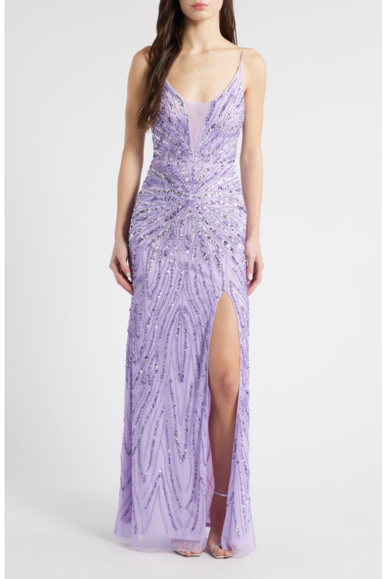 Glitter Mesh Column Gown, Main, color, LILAC