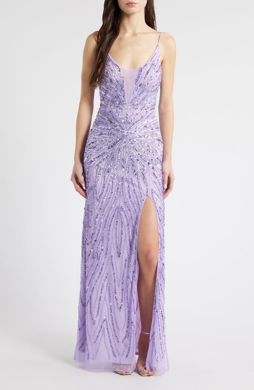 Jump Apparel Glitter Mesh Column Gown In Purple