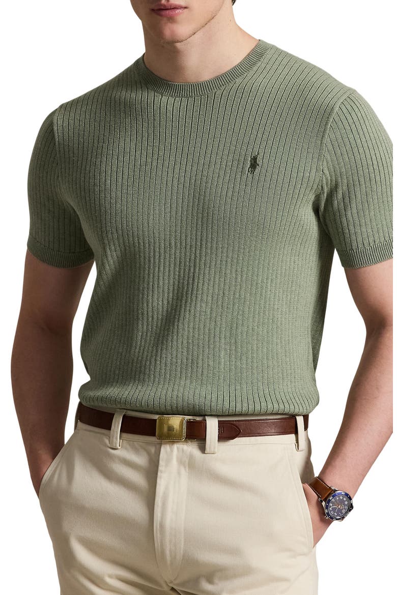 Ribbed Short Sleeve Cotton Sweater, Main, color, FERN GREEN HEATHER
